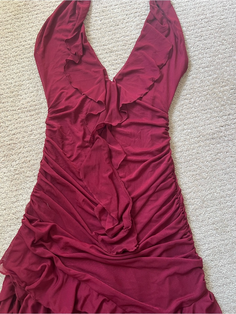 Backless Ruffled Halter Dress in Deep Berry
